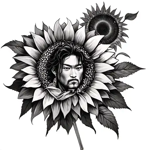 Make a front arm sleeve with Miyamoto Musashi, Athena, the Pleiades, Sunflower tattoo design idea