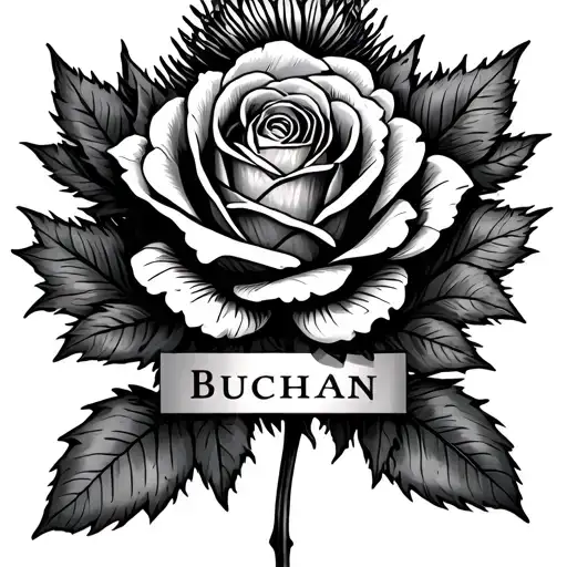 Scottish Rose with Scottish thistle and the surname Buchan tattoo design idea