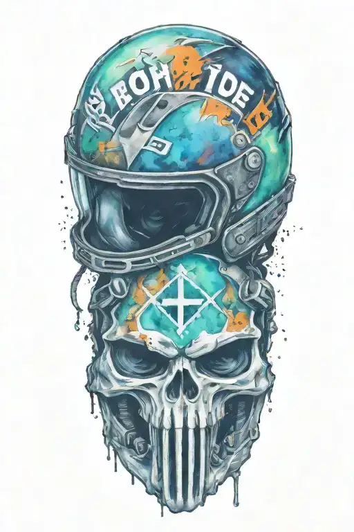 "Born To Ride" texi in horror style, under head of motocross helmet with gun poined to it and below dirt bike tire mark tattoo design idea