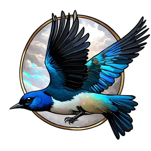 Opal with blue bird flying tattoo design idea