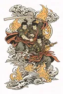 Shuri castle burning with two ronin fighting each other tattoo design idea