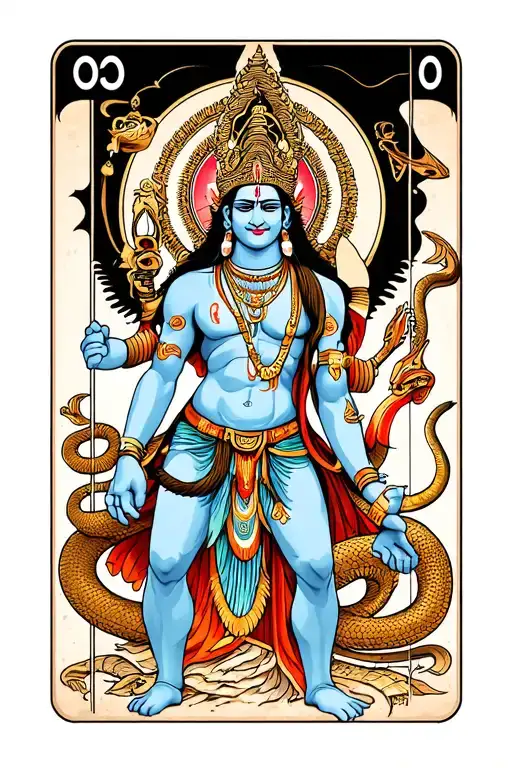 Lord shiva with trishul, snake around his neck, in all his glory on a tarot card format tattoo design idea