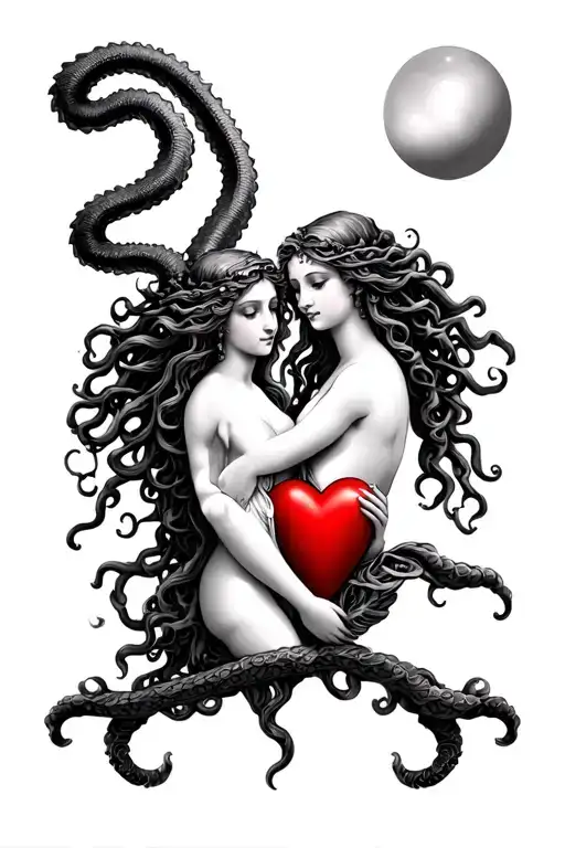 Medusa and Aphrodite holding a heart tattoo design idea