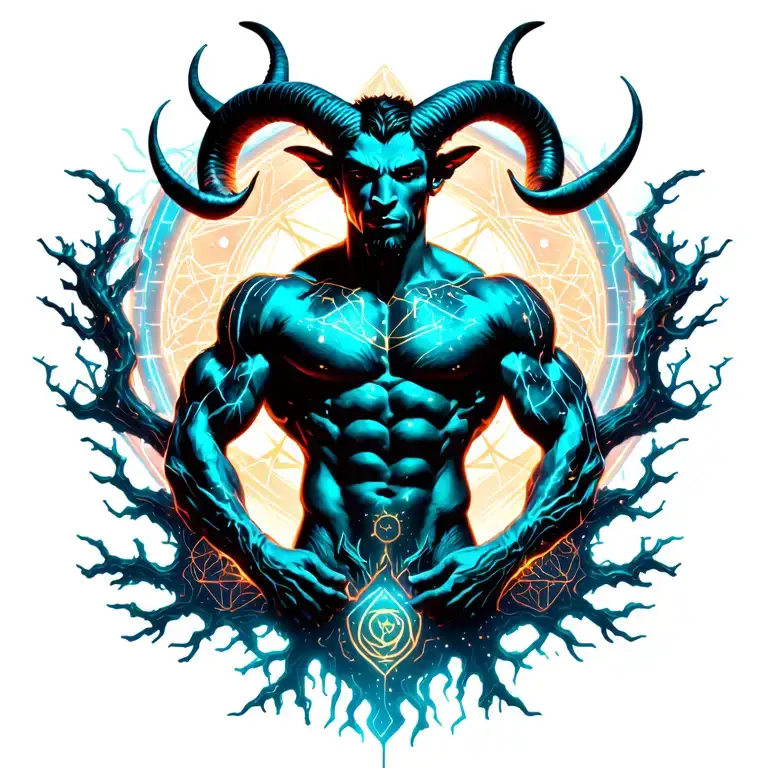 sexy gay male horned satyr with massive bodybuilder muscles flex. cyber tree roots, wild animals and constellations tattoo design idea