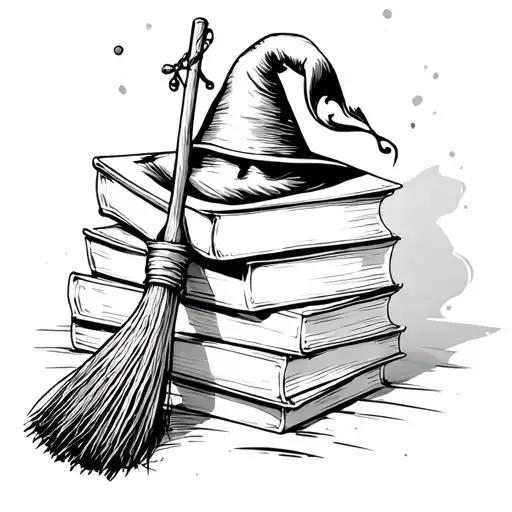 A black and white tattoo where a broom is leaning against a stack of books and a witch's hat is hanging on the broom tattoo design idea