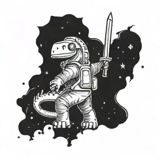 cute simple cartoon brontosaur wearing an astronaut helmet on a planet with a longsword and trident somewhere tattoo design idea