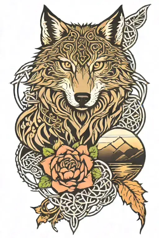 wolf, owl, mountains, celtic knot, lotus flower tattoo design idea