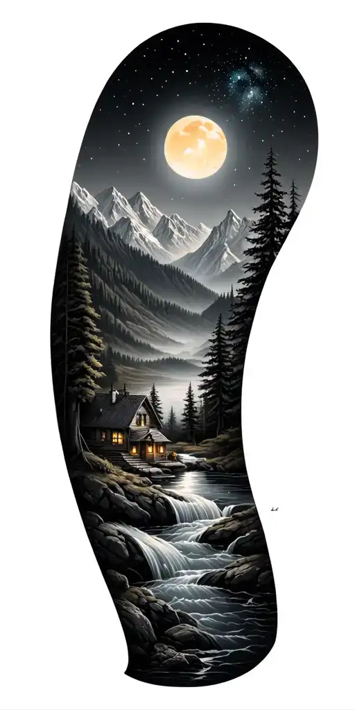 Black & grey with flowing water, mountains, trees, small home, and a starry sky, symbolizing growth,family, wisdom tattoo design idea