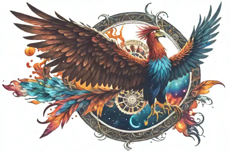 Colorful phoenix spreading wings in cosmic space background with wheel of samsara  tattoo design idea