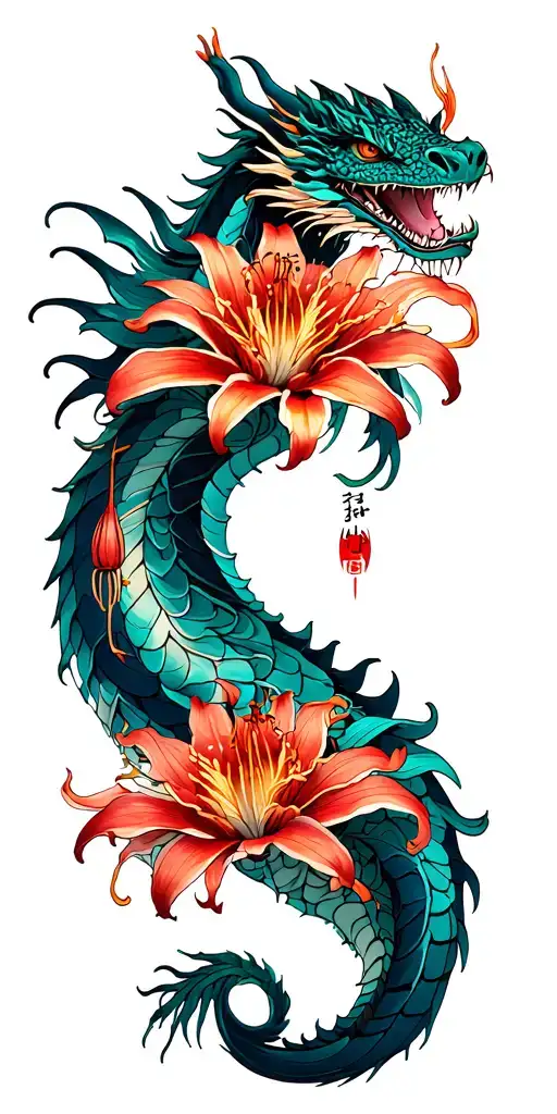 spider lilies, dragon wrapped tattoo design idea
