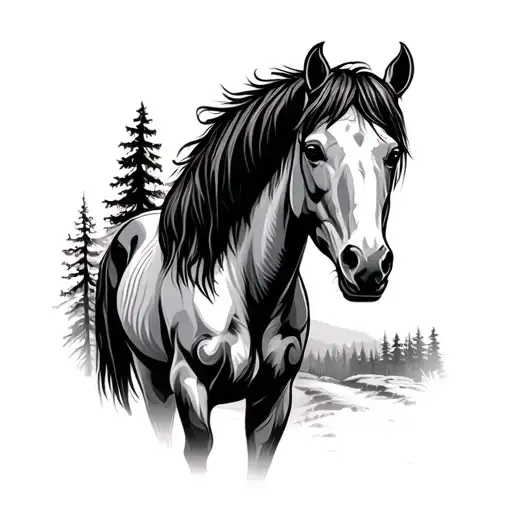 draft horse with Forest landscape tattoo design idea