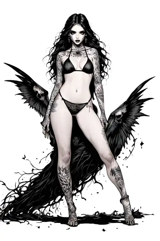 Sexy girl, petite, big boobs, wide hips, bikini . long hair,sexual. Seductive. Full Body, standing with legs and feet tattoo design idea