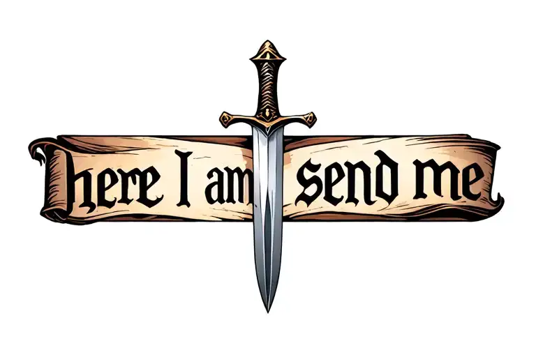 text "here I am send me" with a biblic sword tattoo design idea