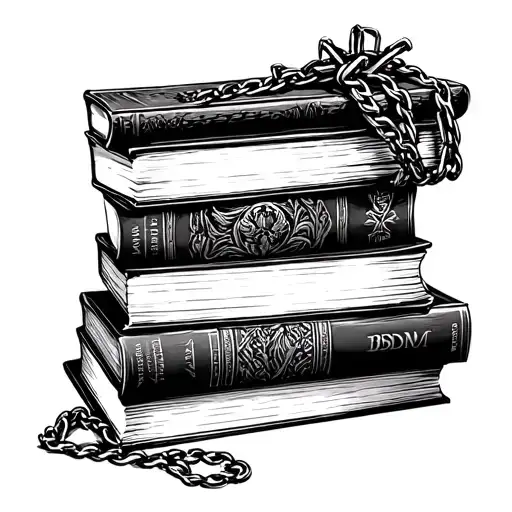 A stack of books with a dark and sensual twist, incorporating BDSM and mafia motifs tattoo design idea