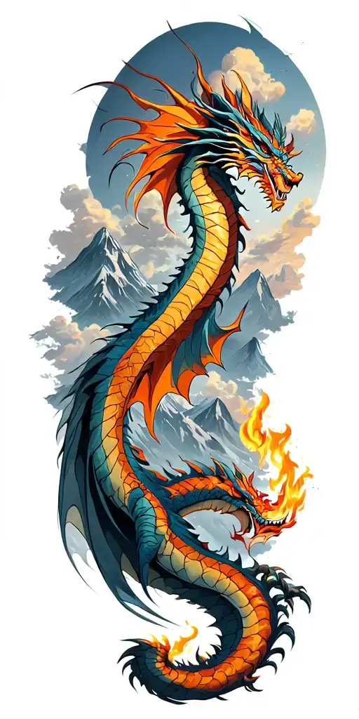 mountains, clouds, fire, dragon tattoo design idea