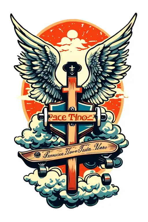 A skateboard, a pair of wings and clouds and a date and a name place and a cross  tattoo design idea