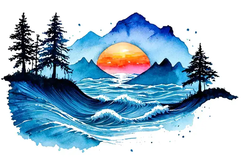Red String mountains sunset ocean waves trees tree of life tattoo design idea