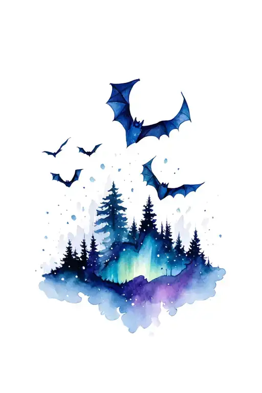 northern lights and bats flying towards tattoo design idea