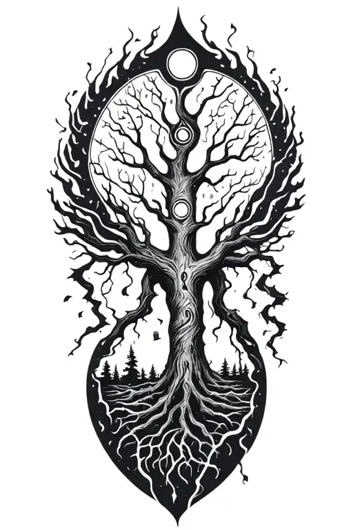 voodoo and lightining storm and math and nature elements like trees tattoo design idea