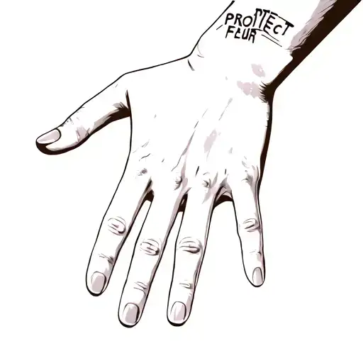 Back of Hand( to right above pinky ) Text “PROTECT YOUR PEACE” each word directly under eachother Style: thin, uppercase tattoo design idea