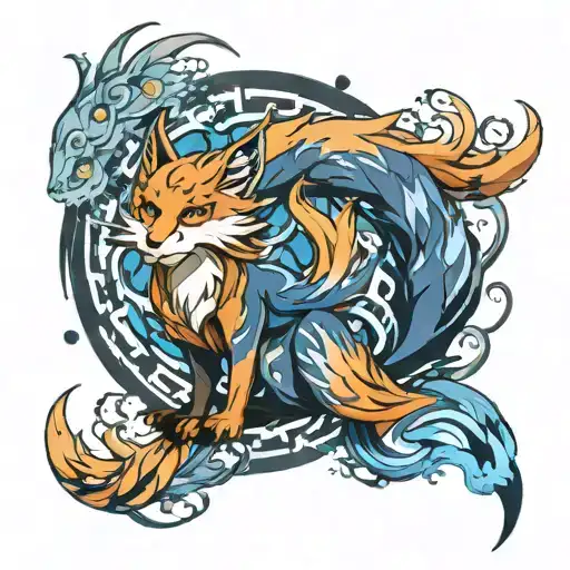 nine tailed fox surrounded by blue flames tattoo design idea