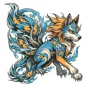 nine tailed fox surrounded by blue flames tattoo design idea