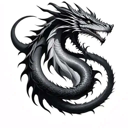 A hyper-realistic black and grey tattoo design for neck. A powerful dragon coiled around the throat, but its tail is bei tattoo design idea