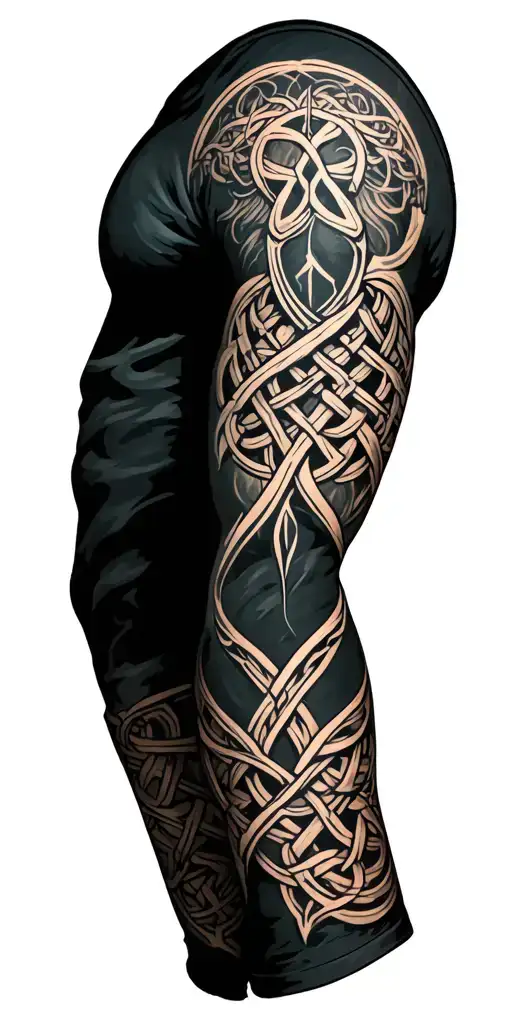 celtic arm sleeve with skyrim logos incorporated tattoo design idea