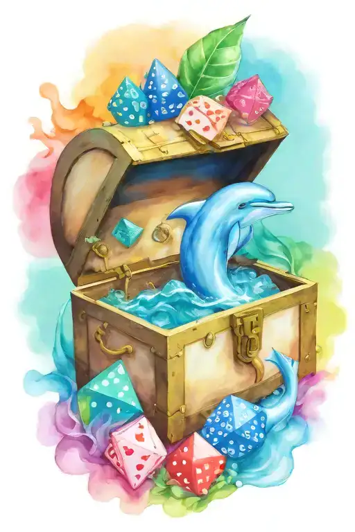 treasure chest smoking with ideas: Dolphins, D20 dice, paint brushes tattoo design idea
