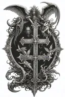 cross with angels at the top and demons at the bottom tattoo design idea