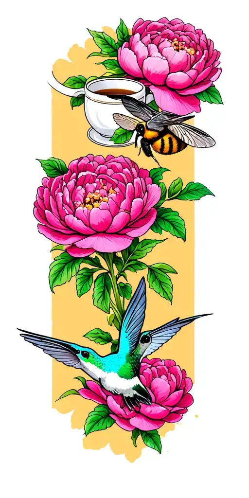 humming bird over coffee mug and bumble bee flying over peony tattoo design idea