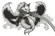 A nine tailed fox playing with a katana tattoo design idea