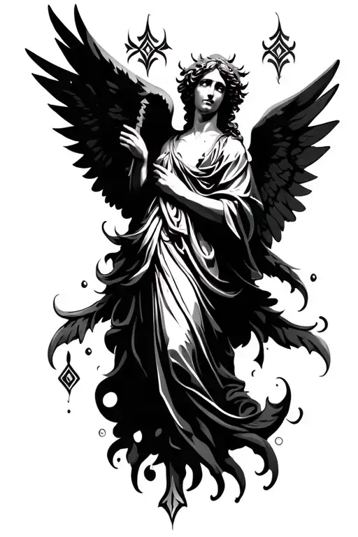Stoic tattoo of an angel add tribal and ancient mythology concepts, make it traditional style tattoo design idea
