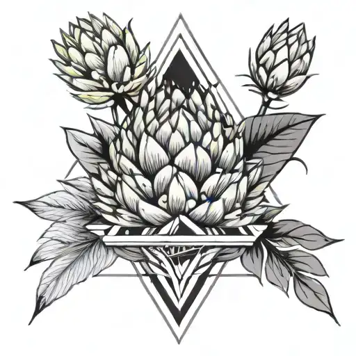 Fine line,  2 protea flowers, geometric lines , triangle, circle. dots and the word inhale tattoo design idea