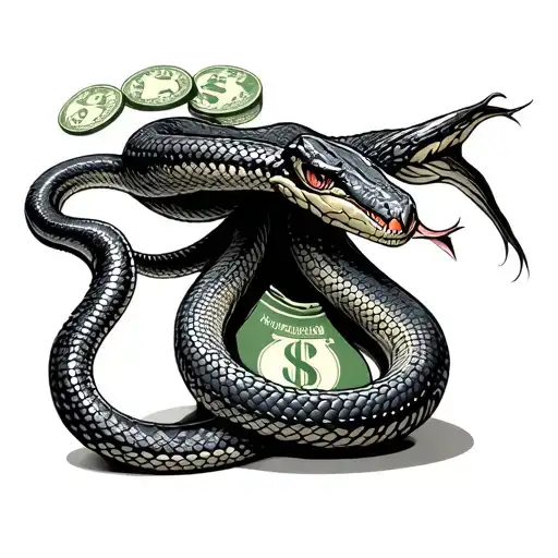 snake shaped like money into bag tattoo design idea