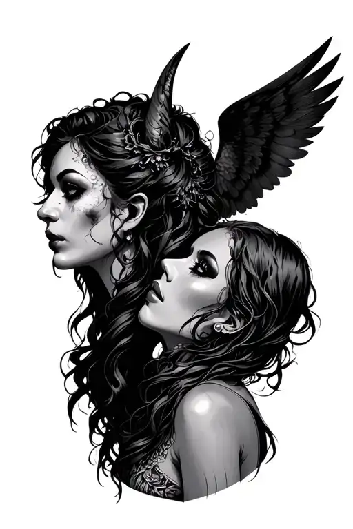 demonic and angelic mixed women face tattoo design idea