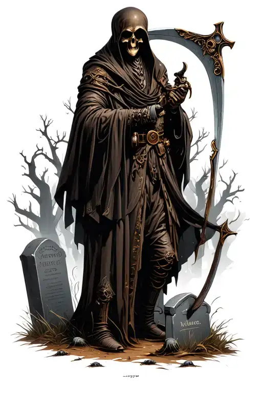 steampunk reaper with scythe on graveyard scene with tombstones in rats tattoo design idea