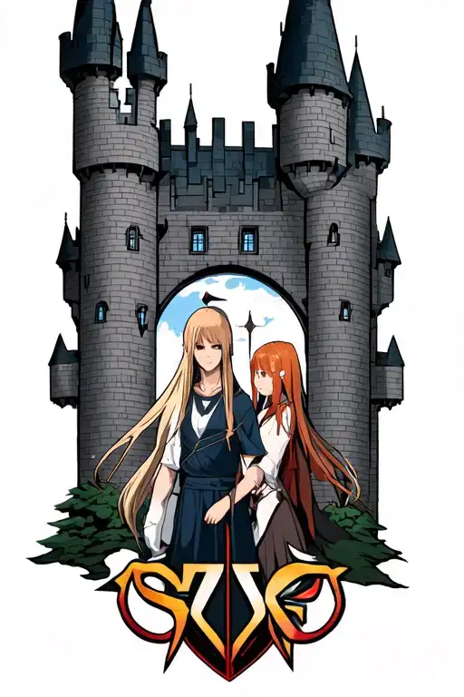 Aincrad castle with SAO logo and kritio and Asuna in front  tattoo design idea