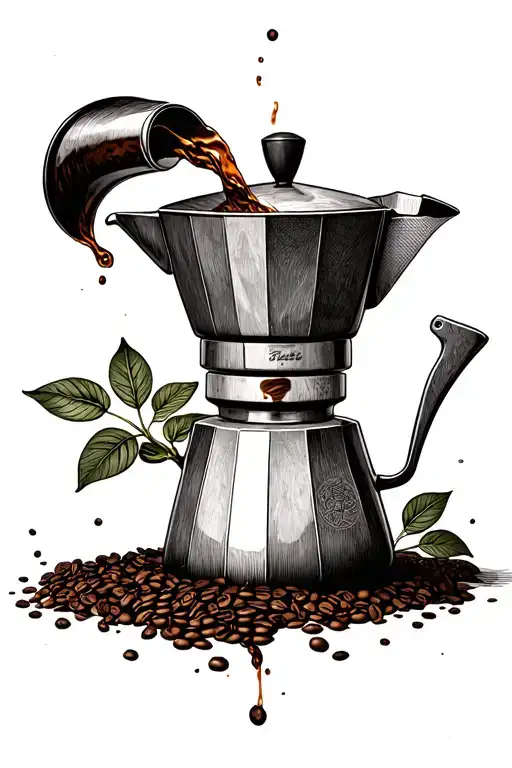 moka pot pouring coffee which turns into a coffee plant tattoo design idea