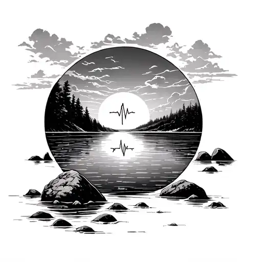 Circle and in the circle waves from a lake crashing onto rocks and through the middle a heart rate line from a EKG tattoo design idea