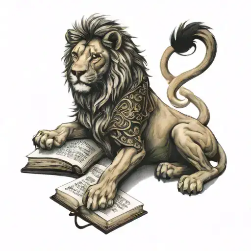 lion head laying with his front legs lying on bible  tattoo design idea