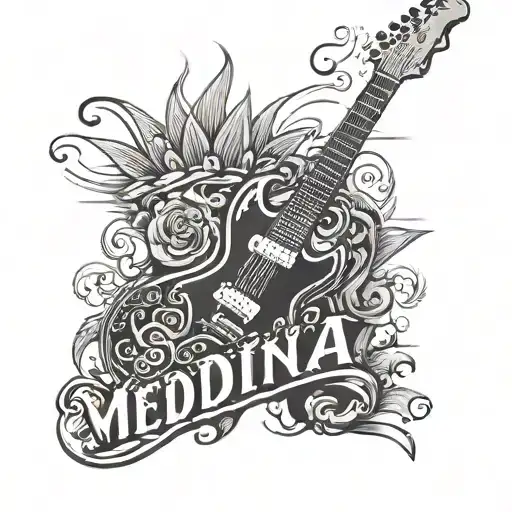 the word "medina" in italics , and an electric guitar in place of one of the letters tattoo design idea