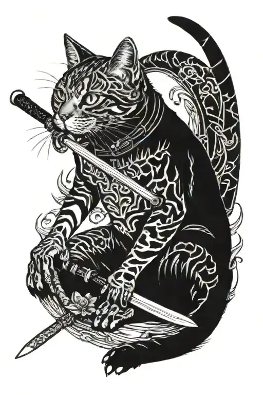 Japanese style female american wirehair cat with katana sword surrounded by 2 small lizards tattoo design idea