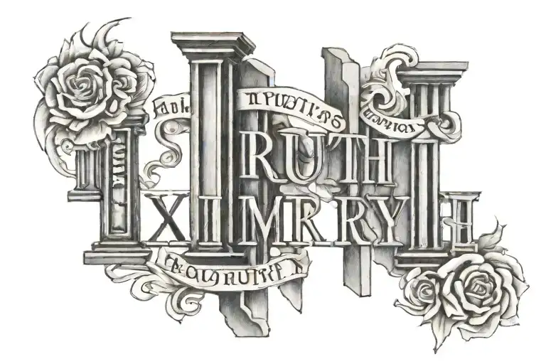 roman numeral 3 pillars with wording "truth peace equity" tattoo design idea
