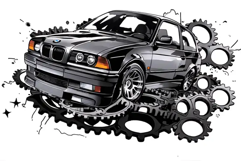 bmw e36 with gears forming tattoo design idea