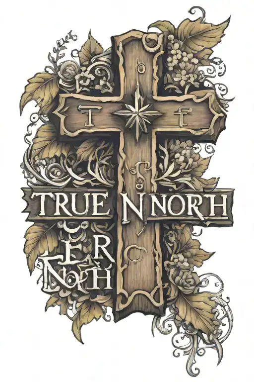 wooden cross with words True North Strong & Free tattoo design idea