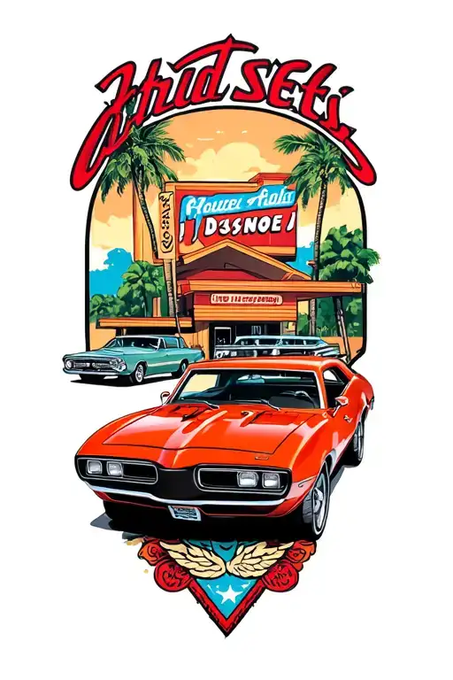 1968 Pontiac Firebird with 1960 style dealership in background tattoo design idea