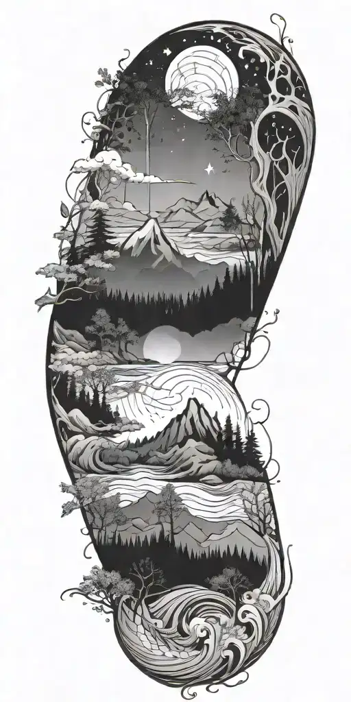 flowing waves, surrounded by a mystical forest scene,subtle elements of sacred geometry and glowing stars and light tattoo design idea
