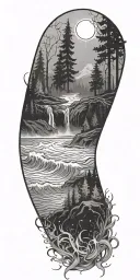 flowing waves, surrounded by a mystical forest scene,subtle elements of sacred geometry and glowing stars and light tattoo design idea