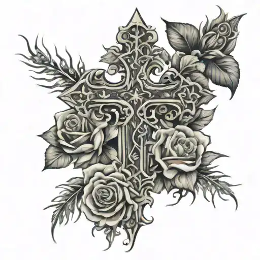 cross with thorns wrapped around and roses  tattoo design idea